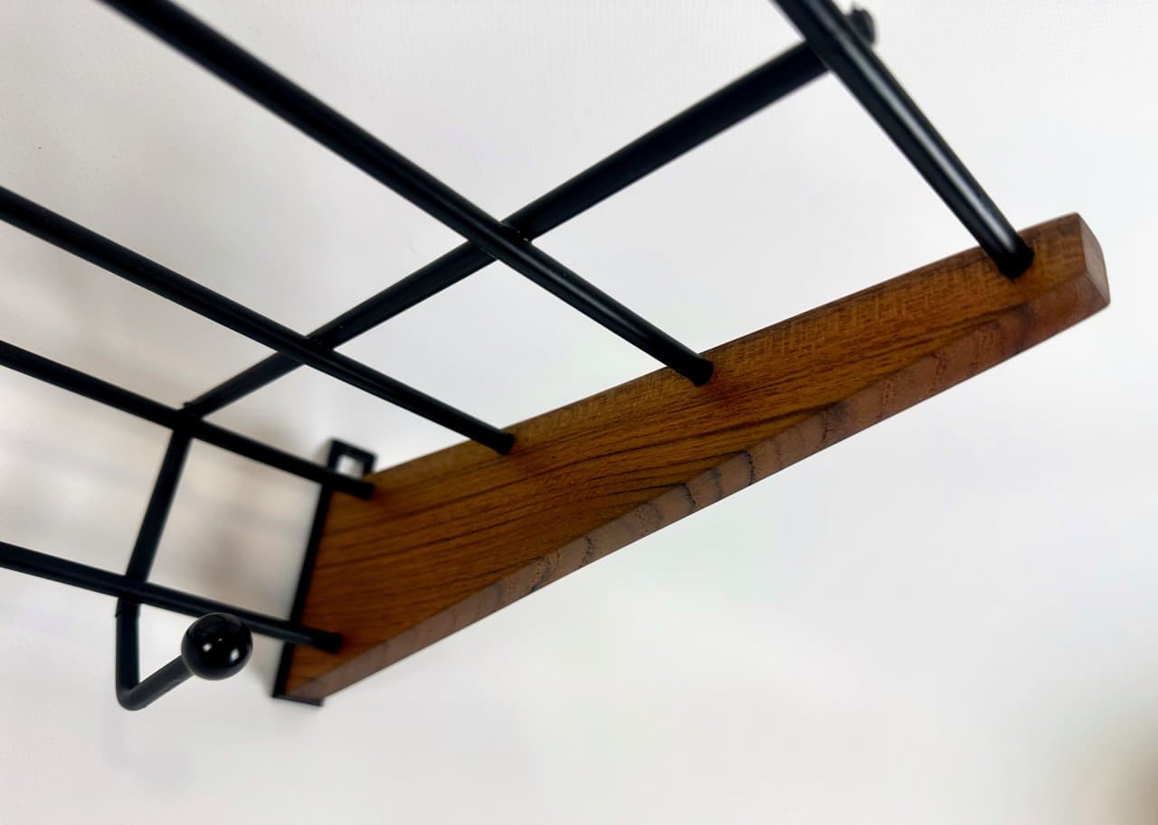Wall-mounted rack String, brown teak, black metal, Germany, 1960s. - 150106
