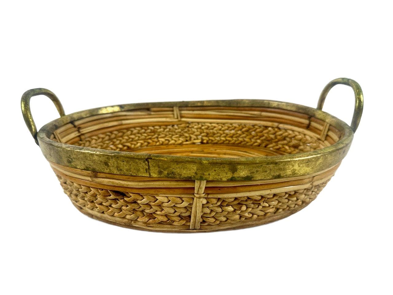 Basket bowl, beige, rattan bamboo, brass, Italy, 1960s.