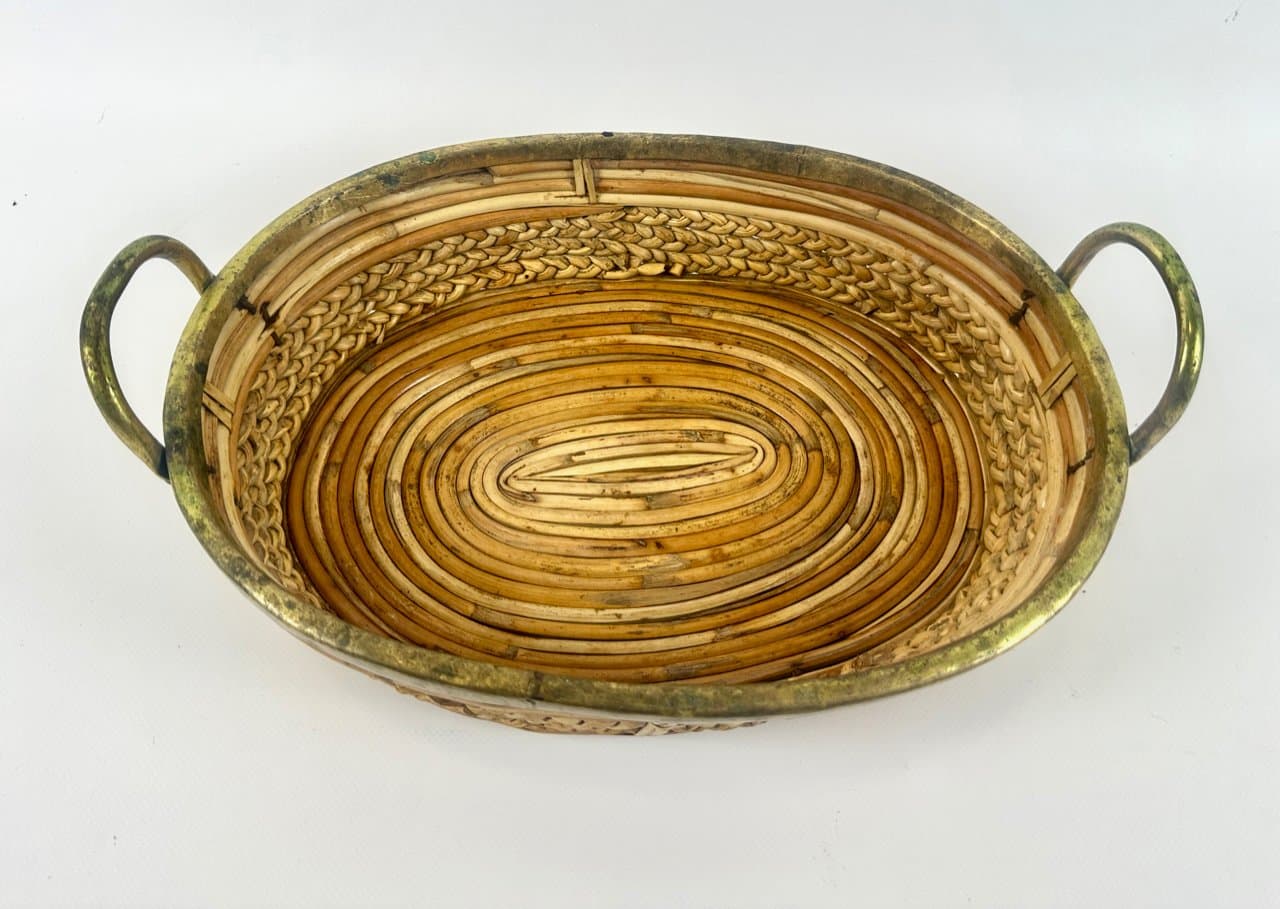 Basket bowl, beige, rattan bamboo, brass, Italy, 1960s. - 150180