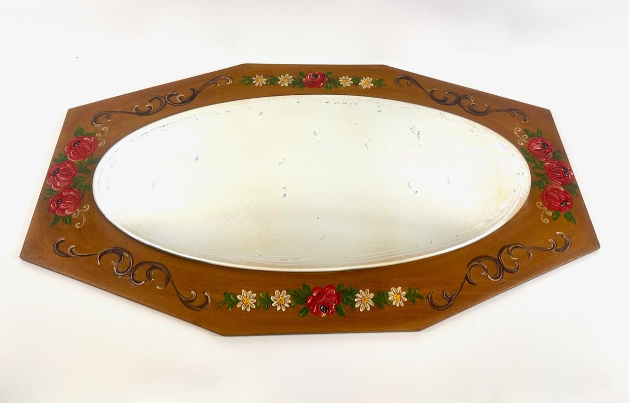 Wall mirror, hand-painted, brown wood, glass, Austria, 1980s. - 150184
