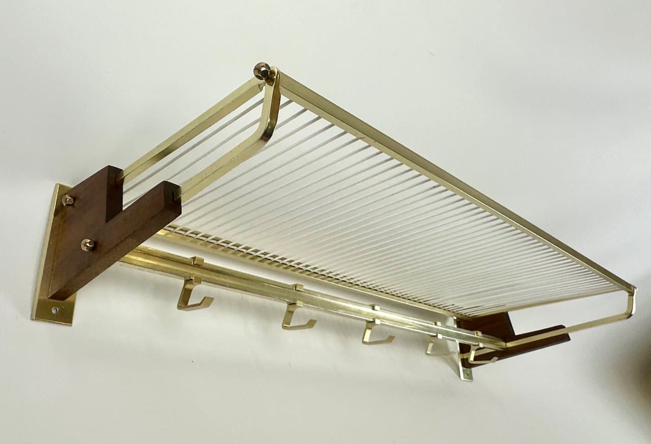 Wall-mounted coat rack, brown teak, golden brass, Germany, 1960s. - 150259