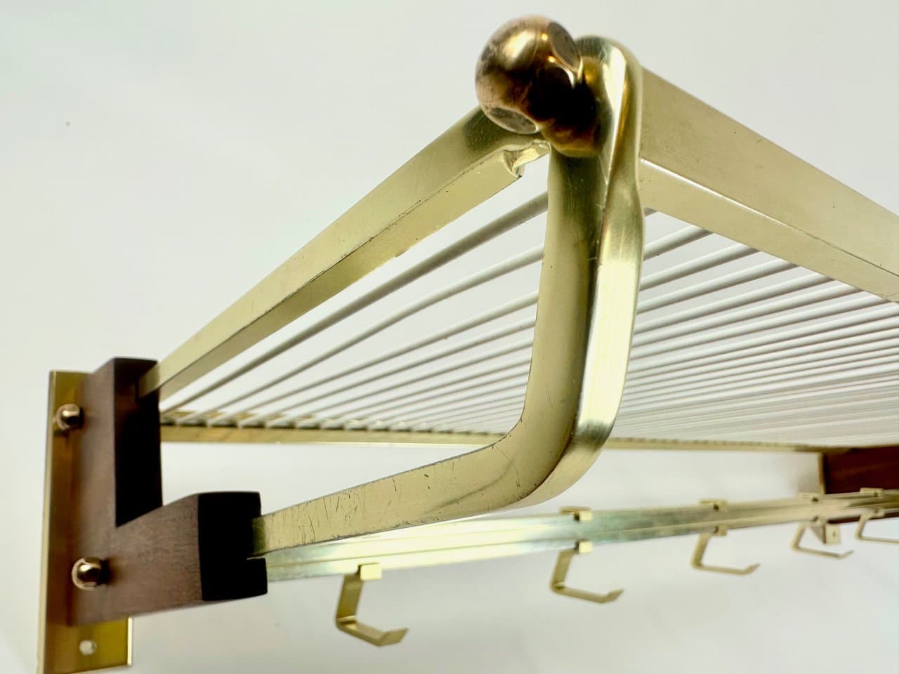 Wall-mounted coat rack, brown teak, golden brass, Germany, 1960s. - 150248