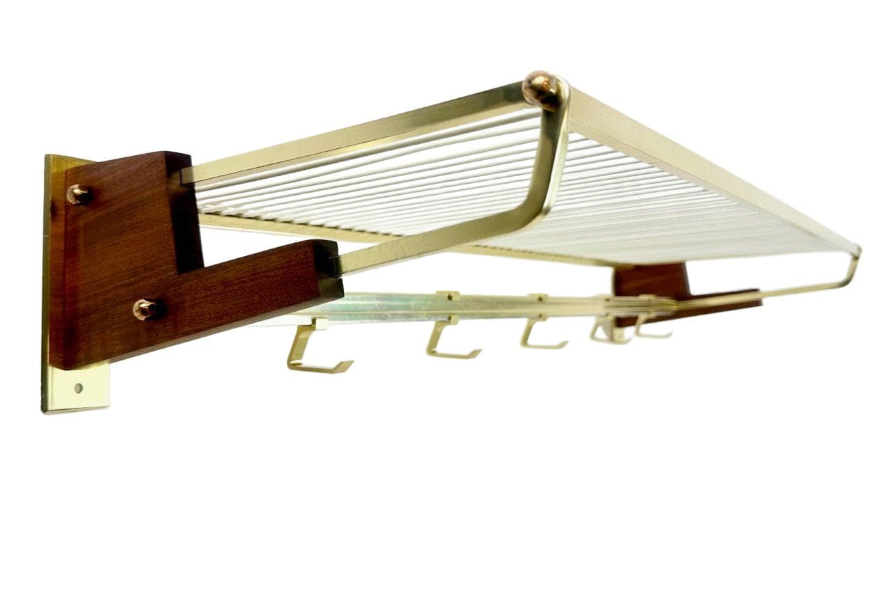 Wall-mounted coat rack, brown teak, golden brass, Germany, 1960s. - 148296