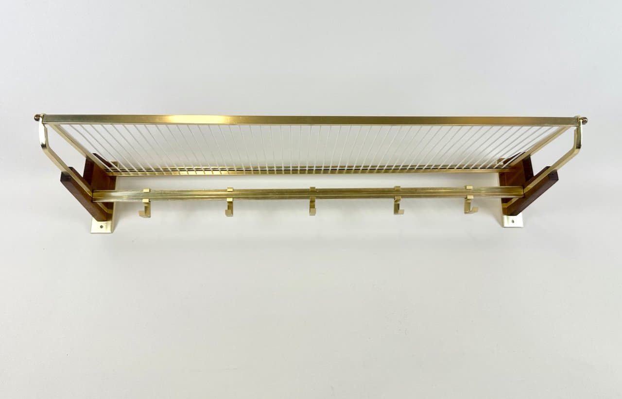 Wall-mounted coat rack, brown teak, golden brass, Germany, 1960s. - 150246