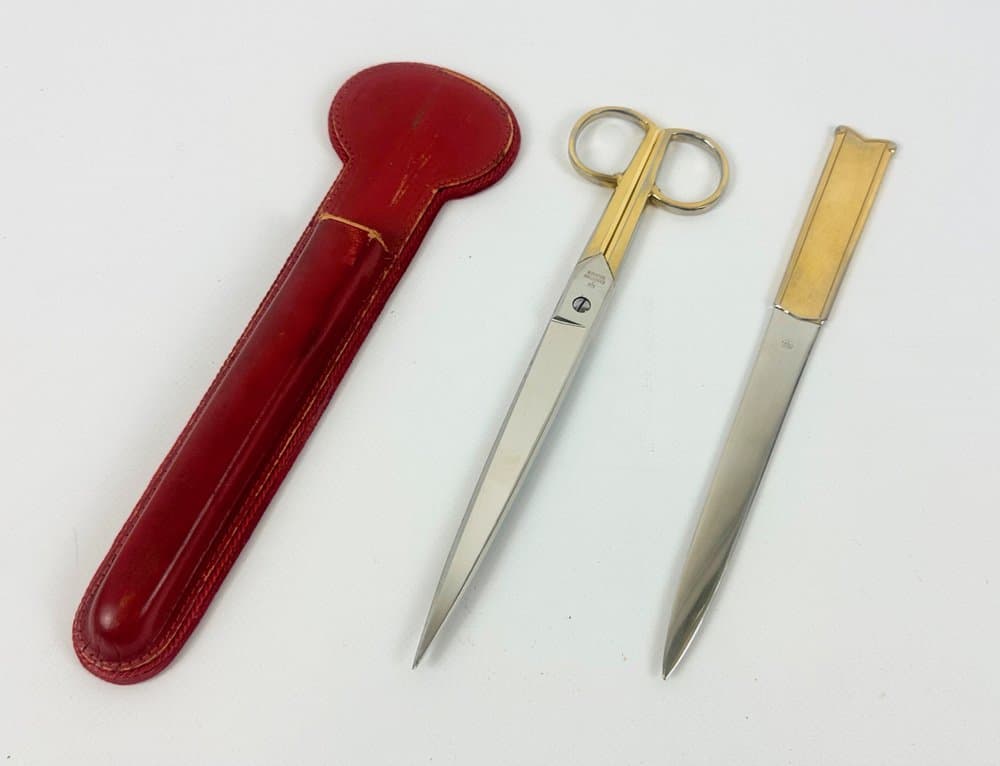 Zestaw biurowy, skóra bordowa, stal, złocenie, Ed. Wüsthof Solingen, Niemcy, lata 60. - 150398