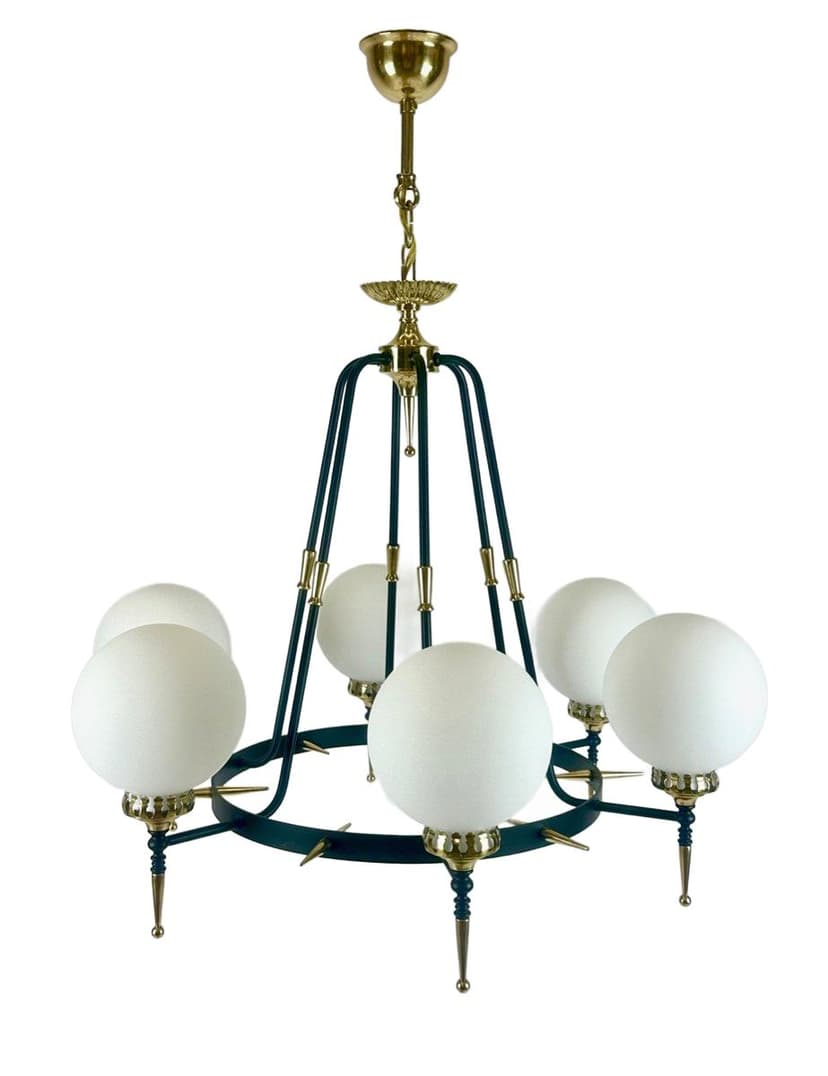 Żyrandol sześcioramienny postmodernistyczny, żeliwo czarne, mosiądz złoty, szkło mleczne, lata 70.