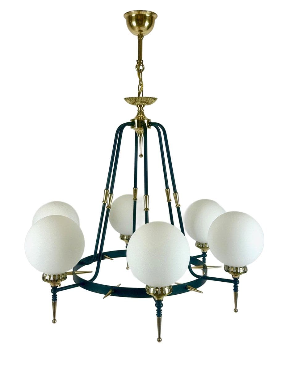 Żyrandol sześcioramienny postmodernistyczny, żeliwo czarne, mosiądz złoty, szkło mleczne, lata 70. - 148325