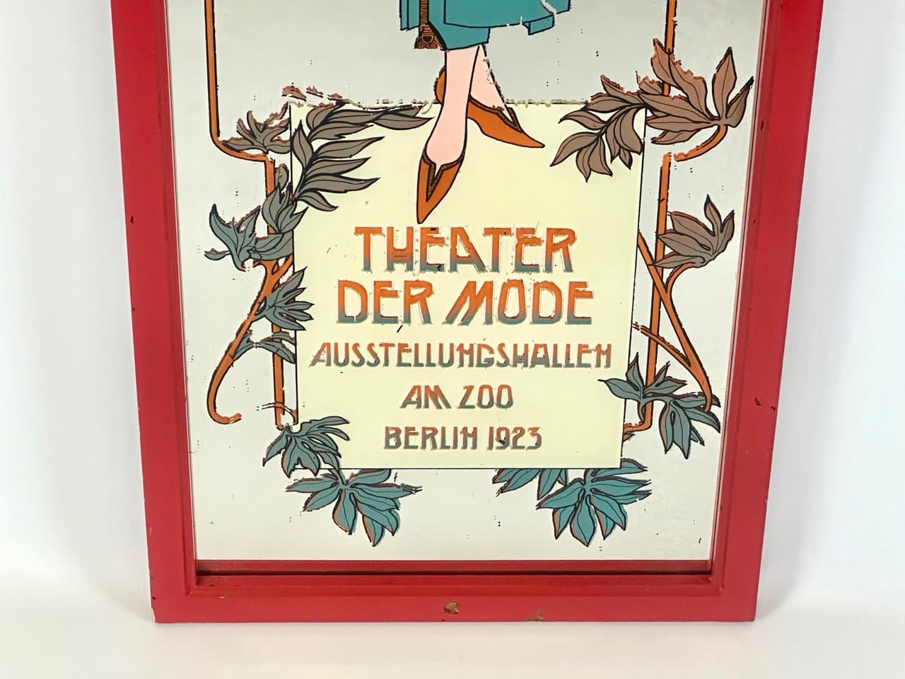 Lustro reklamowe Art déco, szkło, drewno czerwony, Niemcy, lata 50. - 150662