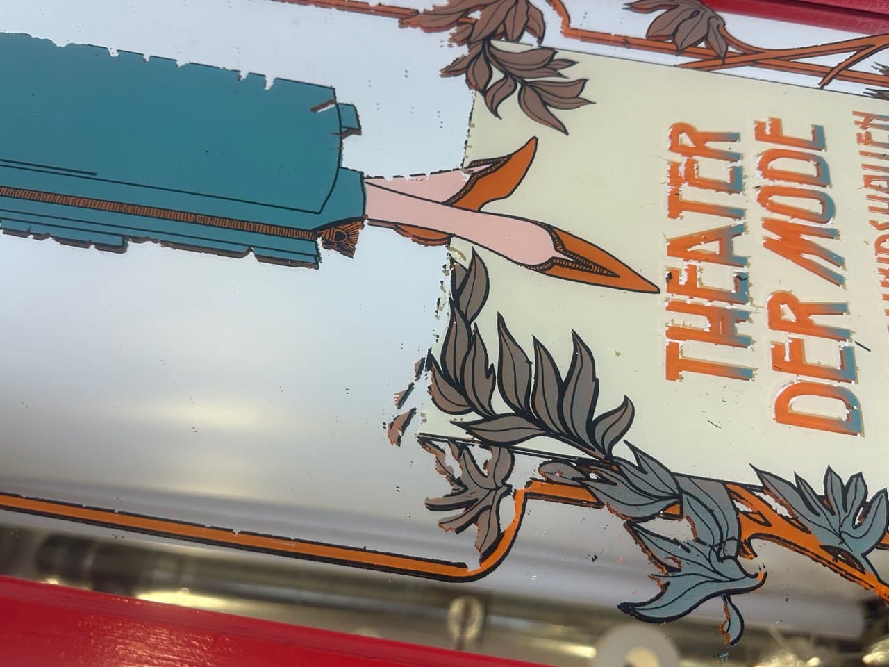 Lustro reklamowe Art déco, szkło, drewno czerwony, Niemcy, lata 50. - 150667