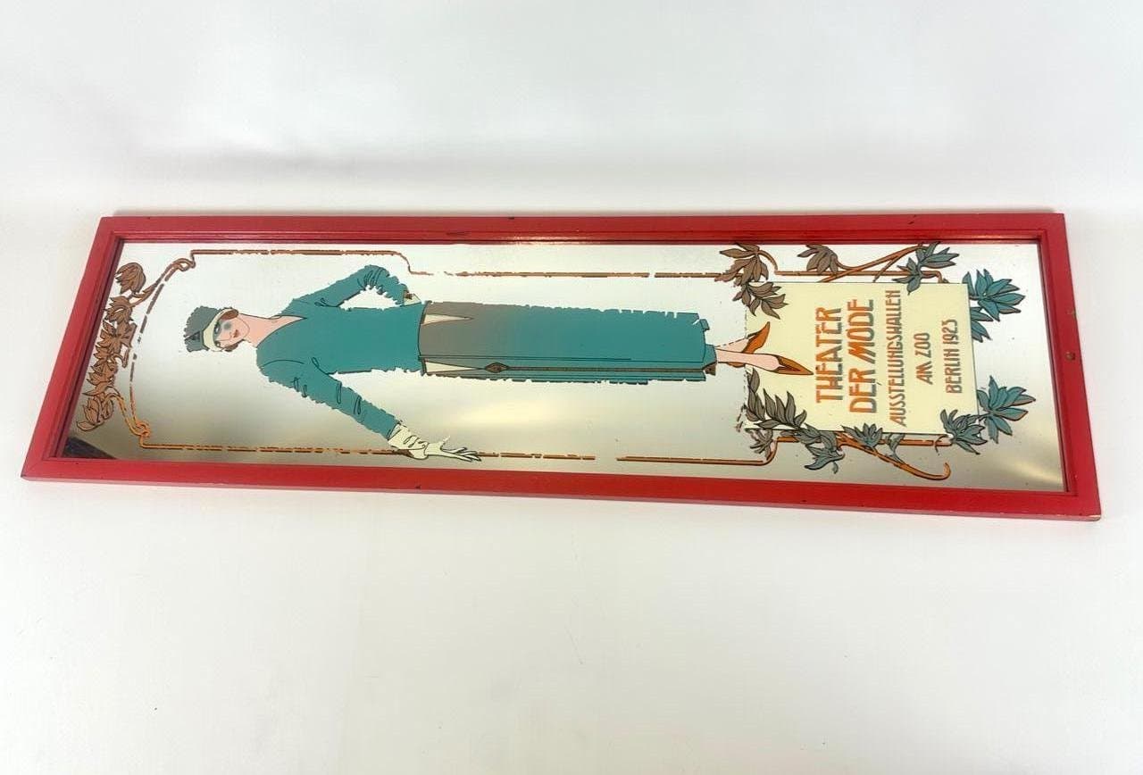 Lustro reklamowe Art déco, szkło, drewno czerwony, Niemcy, lata 50. - 150661