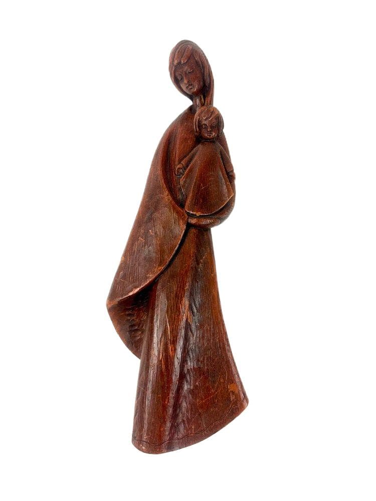 Figurka ścienna Madonna z Dzieciątkiem, brązowy, drewno teak, lata 70. - 148347