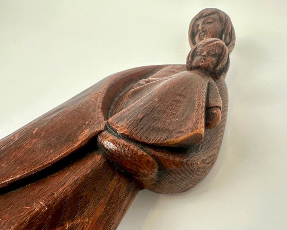 Figurka ścienna Madonna z Dzieciątkiem, brązowy, drewno teak, lata 70. - 150692