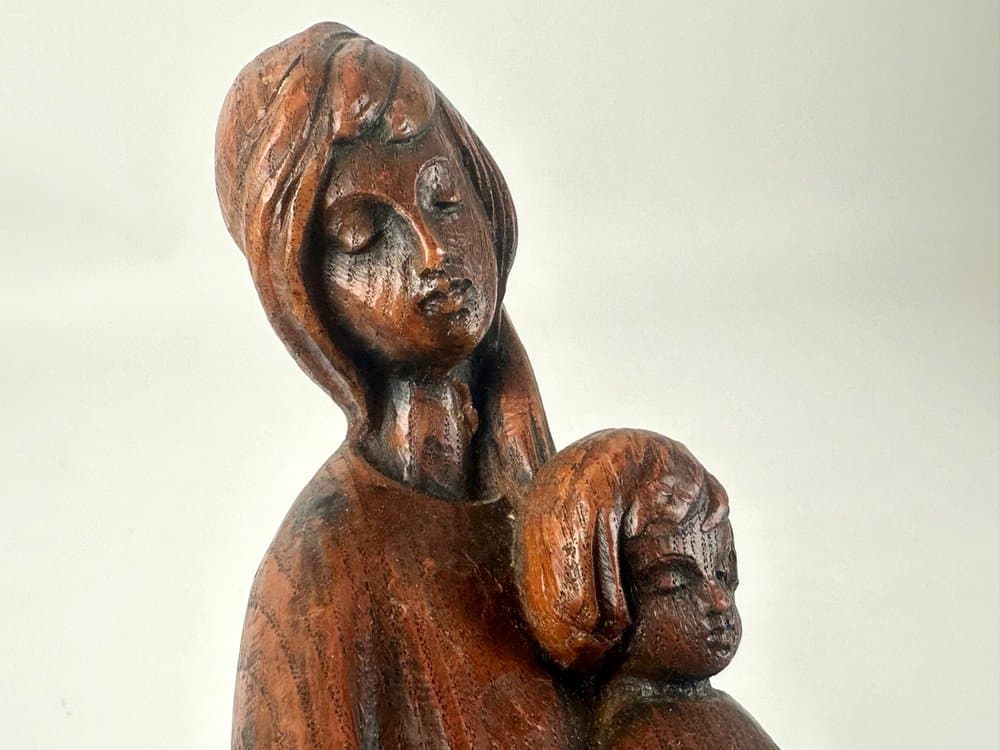 Figurka ścienna Madonna z Dzieciątkiem, brązowy, drewno teak, lata 70. - 150691