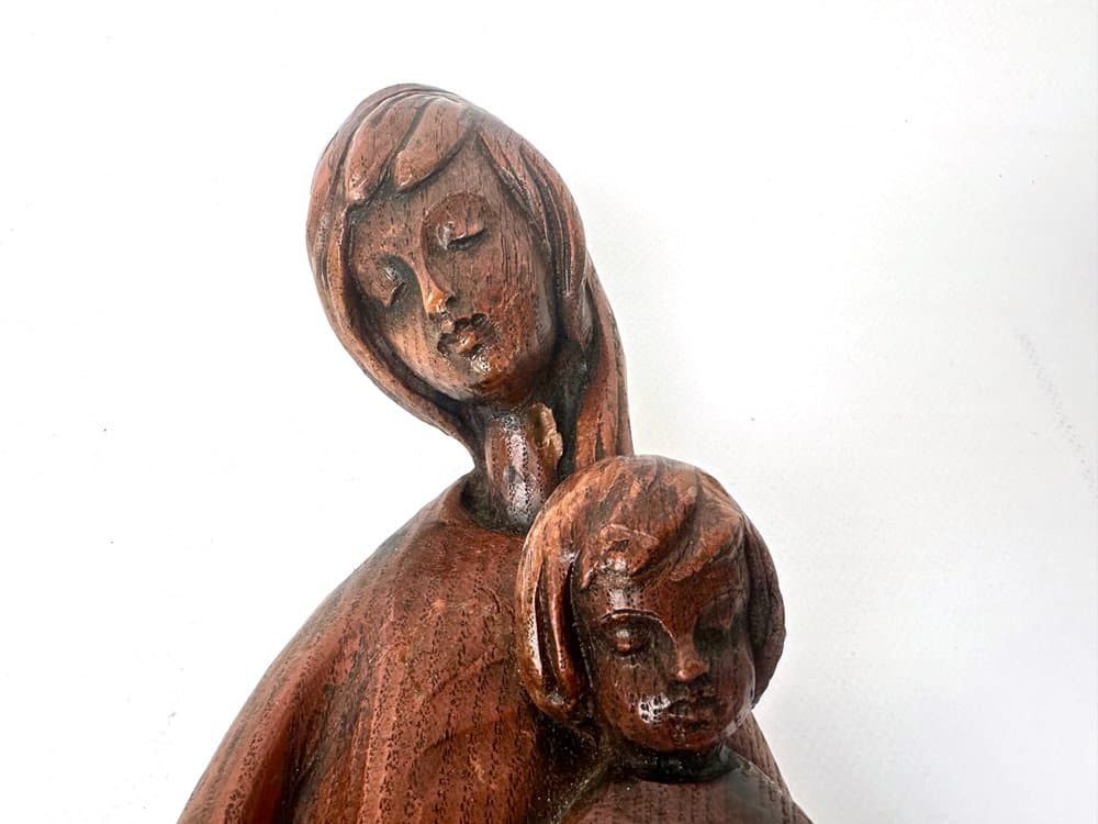 Figurka ścienna Madonna z Dzieciątkiem, brązowy, drewno teak, lata 70. - 150696