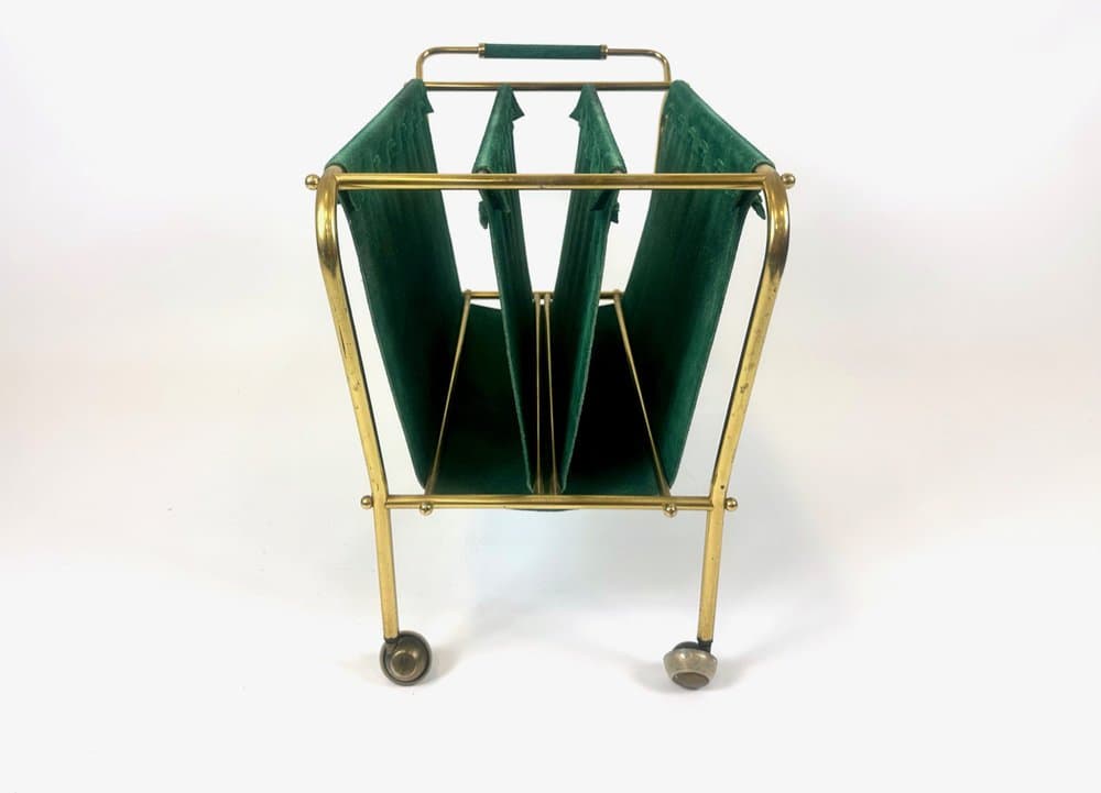 Magazine rack trolley, green leather, brass, Germany, 1950s - 151045
