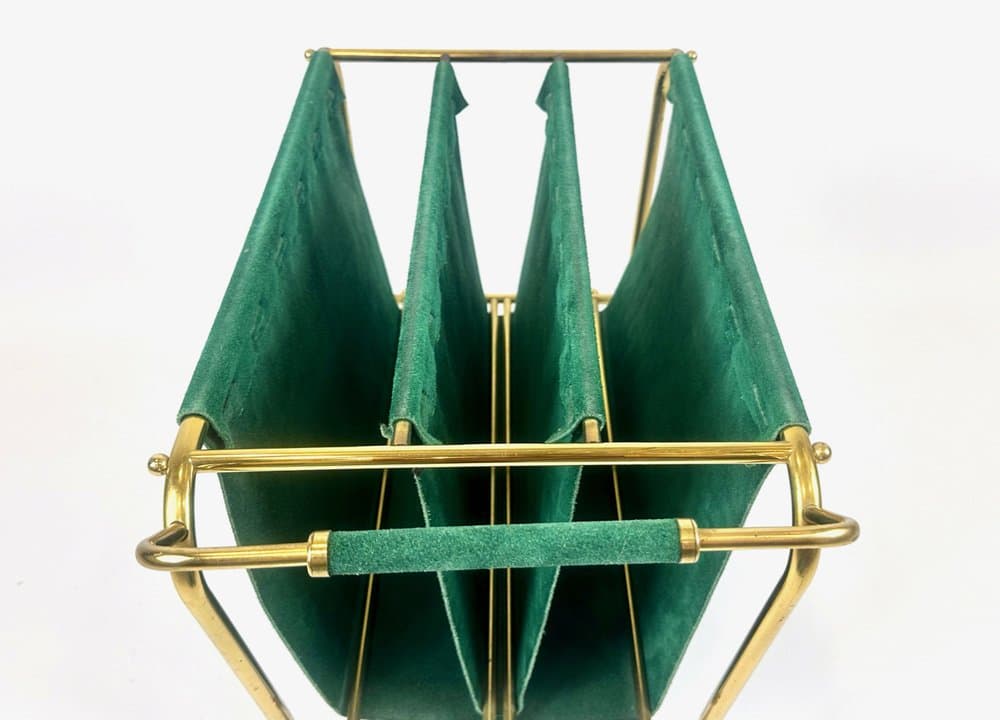 Magazine rack trolley, green leather, brass, Germany, 1950s - 151043