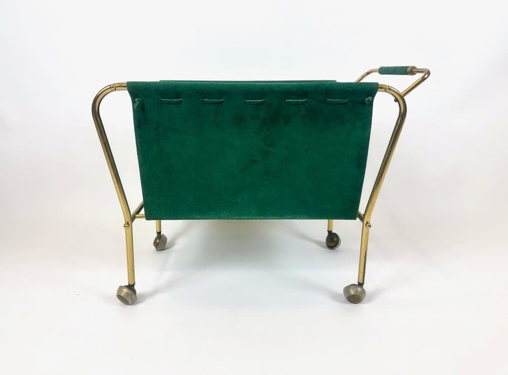 Magazine rack trolley, green leather, brass, Germany, 1950s - 151049