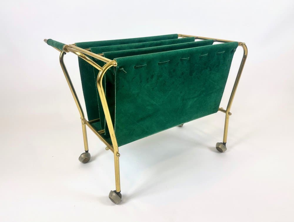 Magazine rack trolley, green leather, brass, Germany, 1950s - 151042