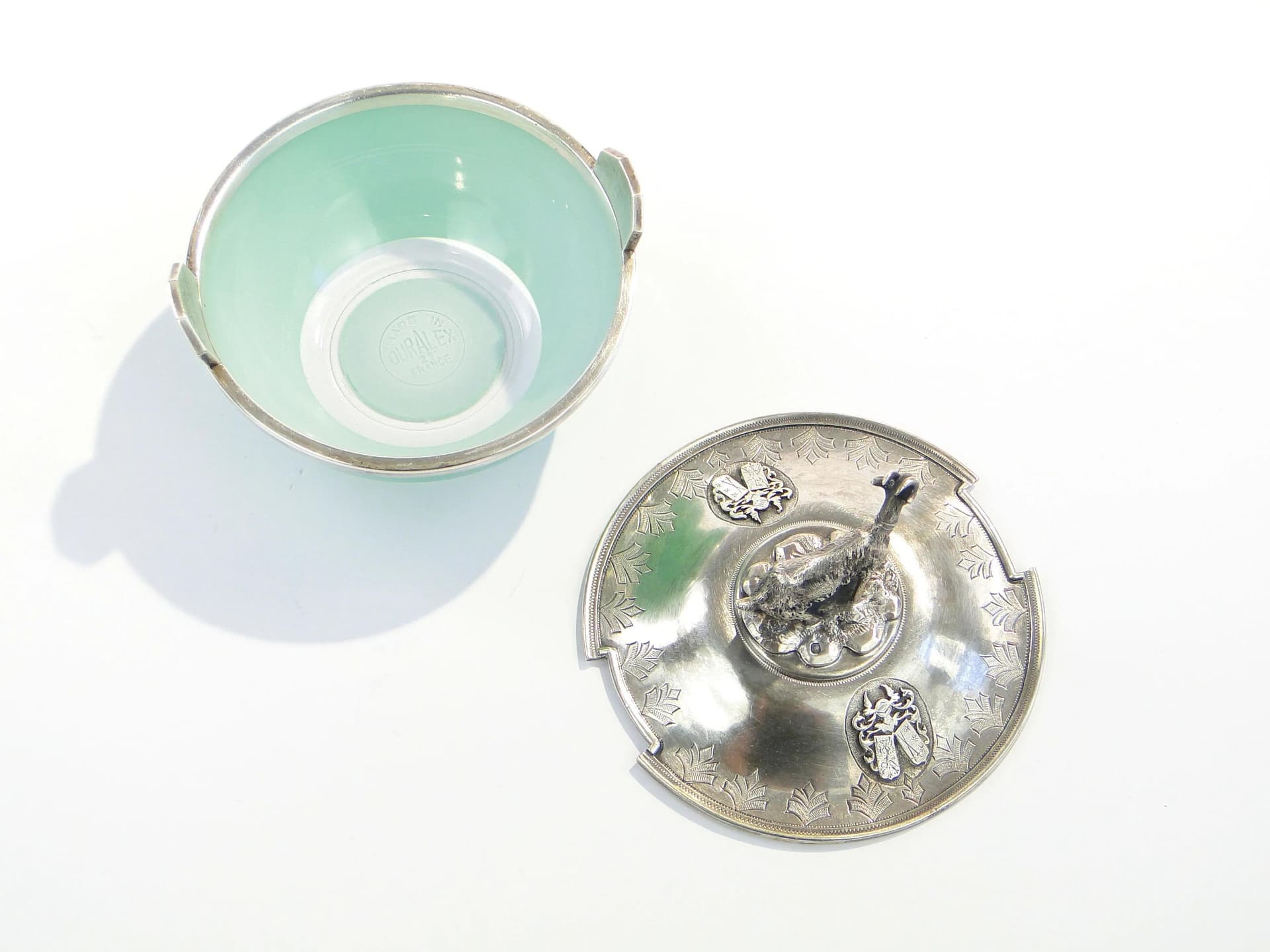 Cheese Container with Figural Lid, turquoise, glass, silver, France, 19th c. - 9286