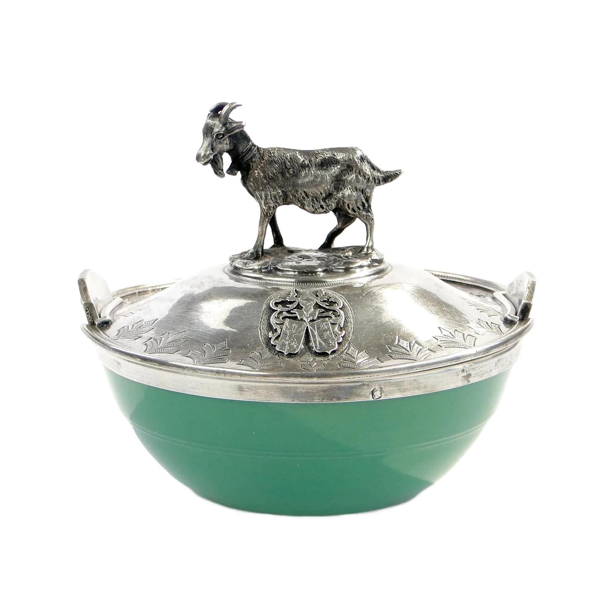 Cheese Container with Figural Lid, turquoise, glass, silver, France, 19th c.
