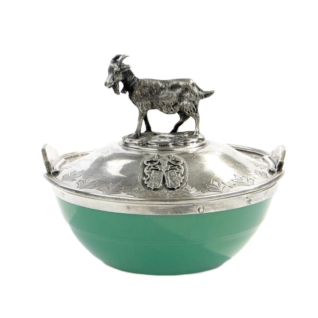 Cheese Container with Figural Lid, turquoise, glass, silver, France, 19th c. - DIMENSION