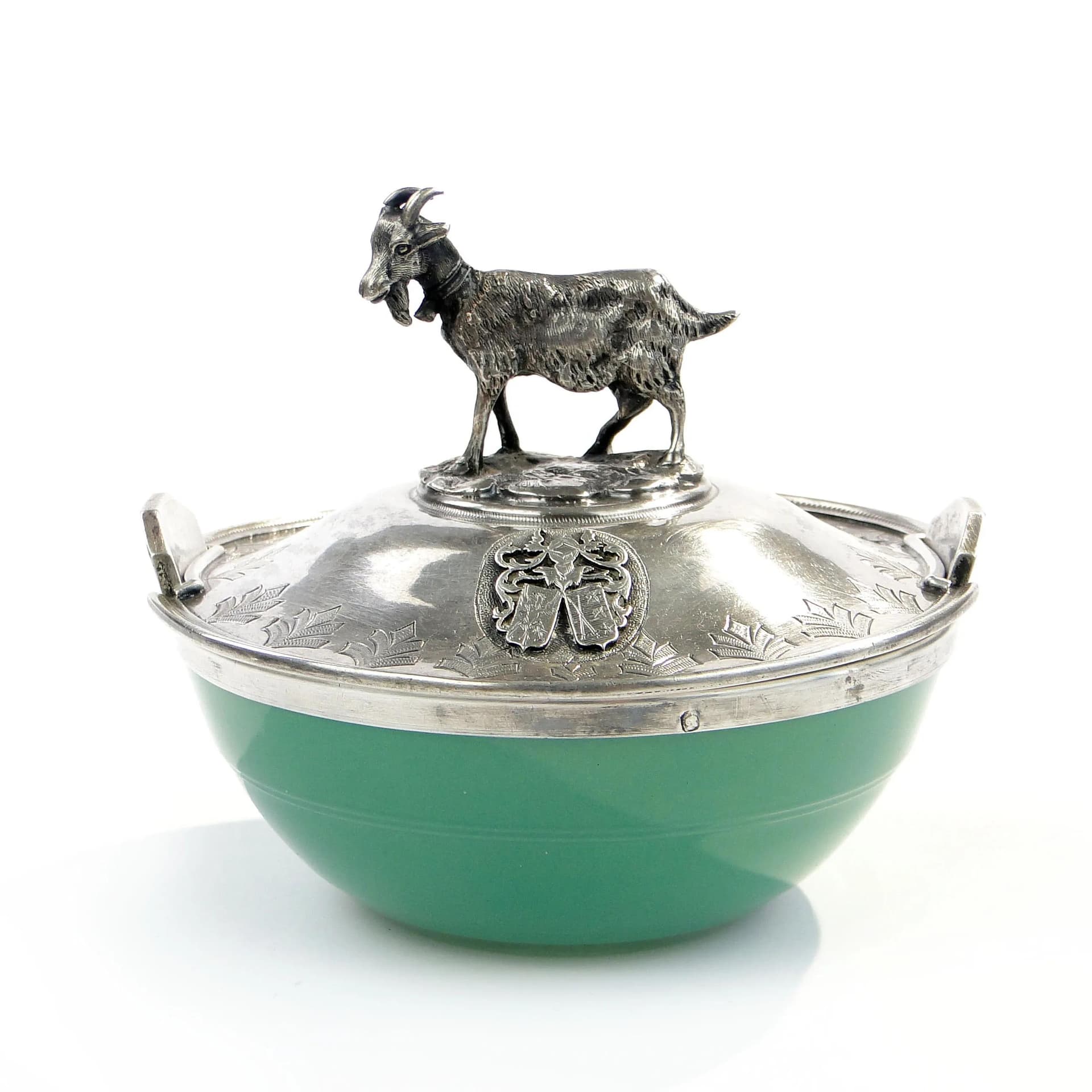 Cheese Container with Figural Lid, turquoise, glass, silver, France, 19th c. - 9279