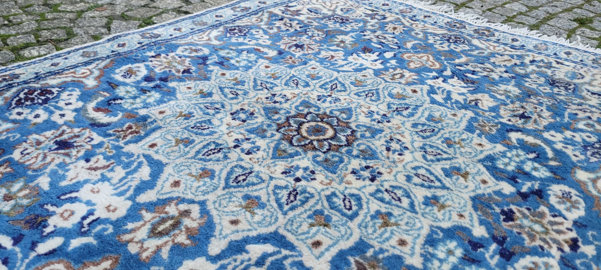 Dywan Nain 140x90 cm, niebieski, wełna jedwab, Iran - 134642