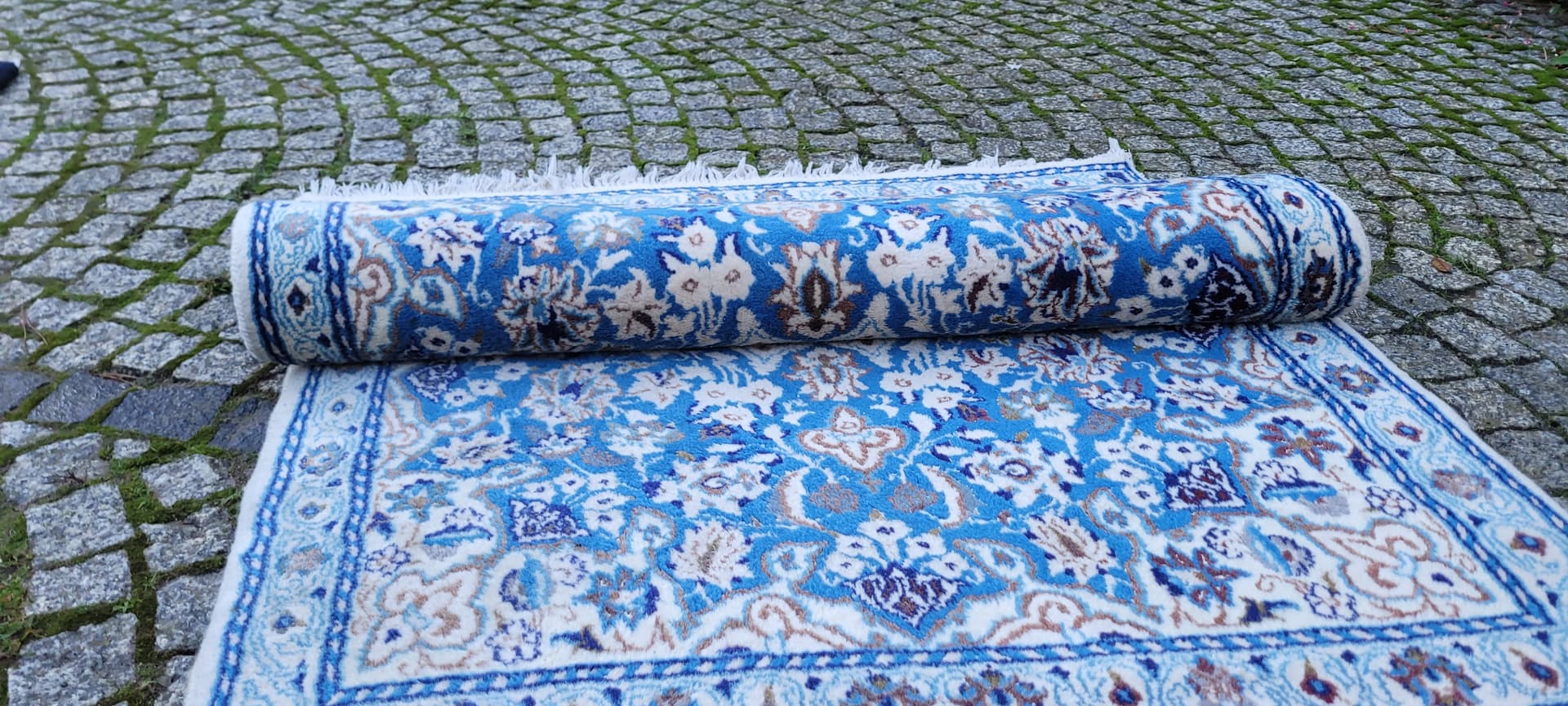 Dywan Nain 140x90 cm, niebieski, wełna jedwab, Iran - 134645