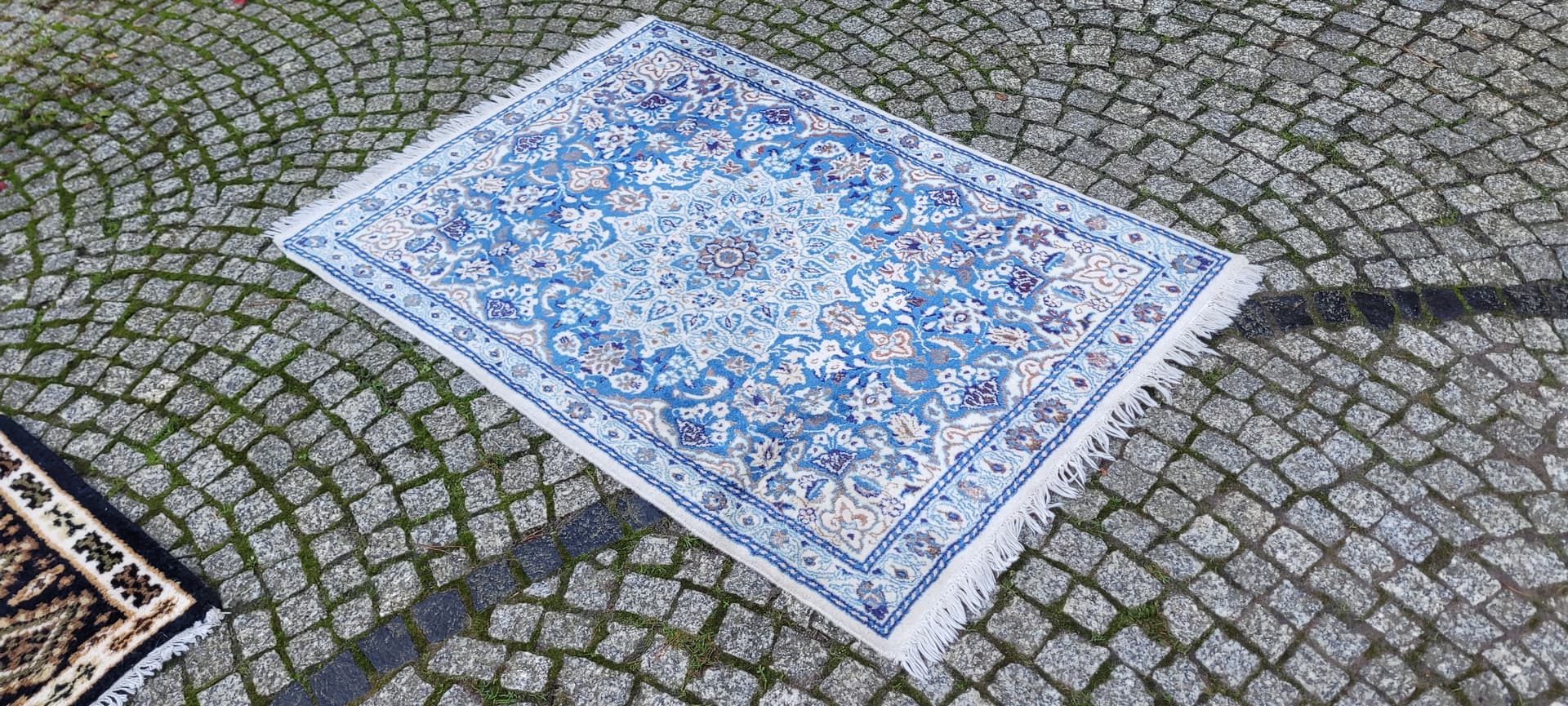 Dywan Nain 140x90 cm, niebieski, wełna jedwab, Iran - 134634