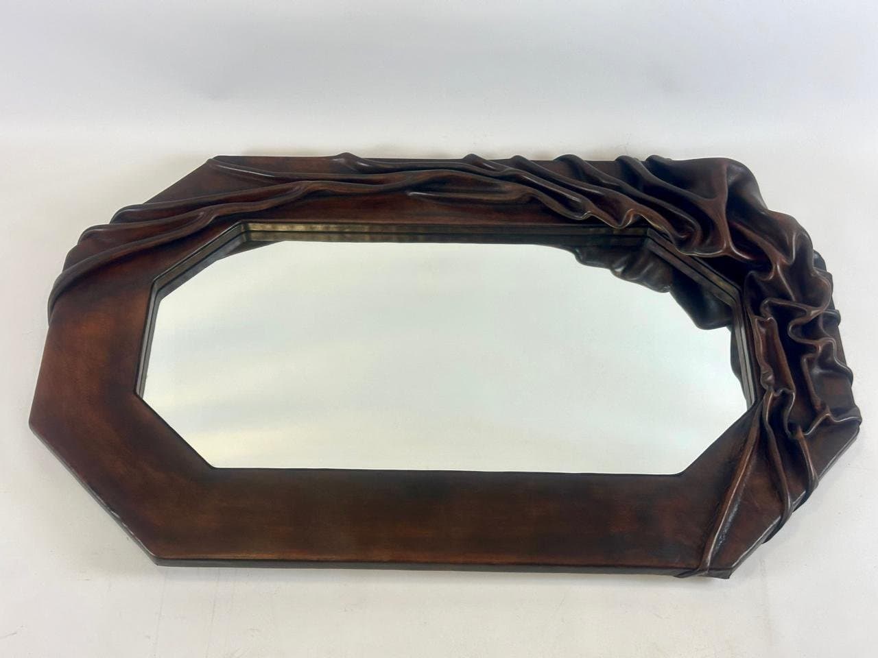 Lustro brutalistyczne, skóra brązowa, szkło, drewno, Polska, lata 70. - 151332
