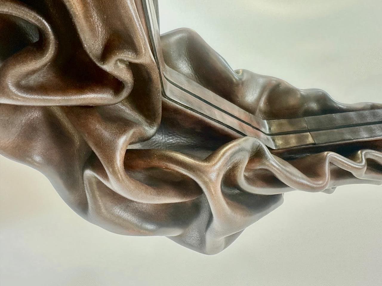 Lustro brutalistyczne, skóra brązowa, szkło, drewno, Polska, lata 70. - 151336