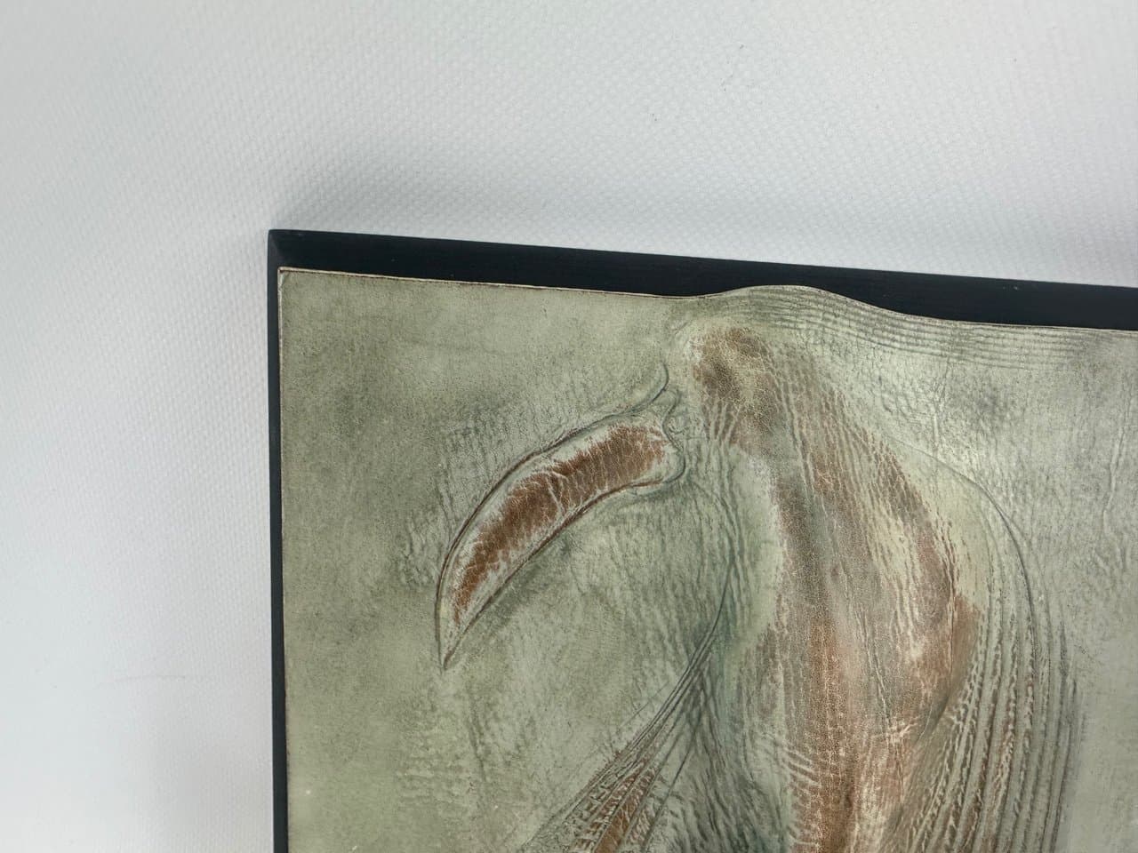 Wall relief, olive, natural leather, plywood, by W. Wieczorkiewicz, Poland, 1990s. - 151392