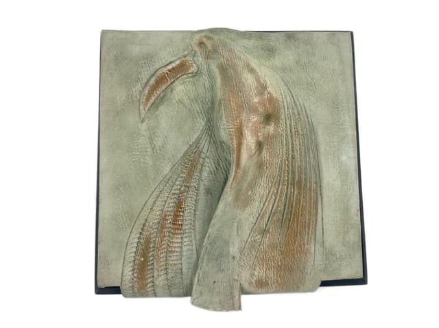 Wall relief, olive, natural leather, plywood, by W. Wieczorkiewicz, Poland, 1990s. - DIMENSION