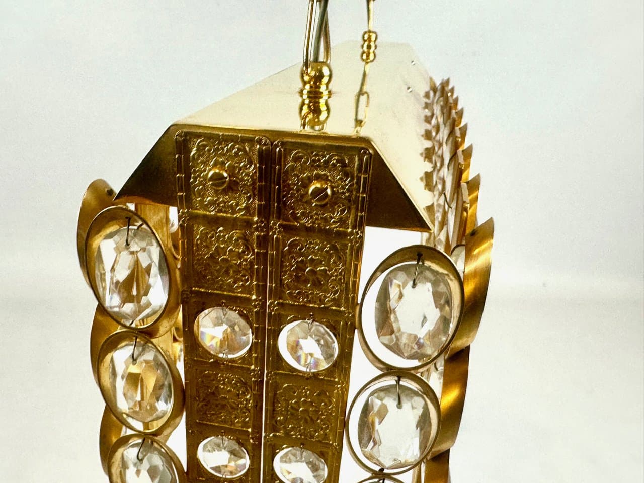Żyrandol prostokątny, transparentny kryształ, mosiądz złocony, Niemcy, lata 60. - 151571