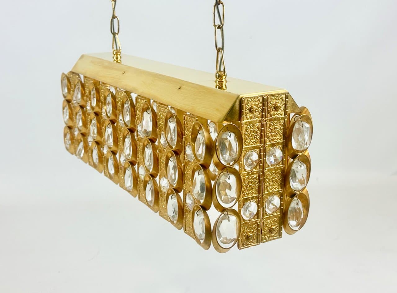 Żyrandol prostokątny, transparentny kryształ, mosiądz złocony, Niemcy, lata 60. - 151561