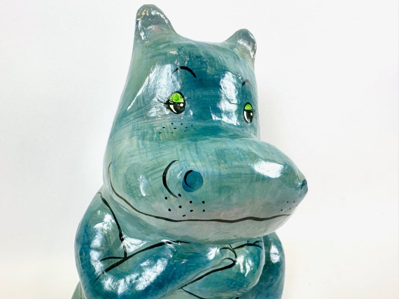 Figurka hipopotama siedzącego, niebieski, papier mâché, lata 60. - 151582