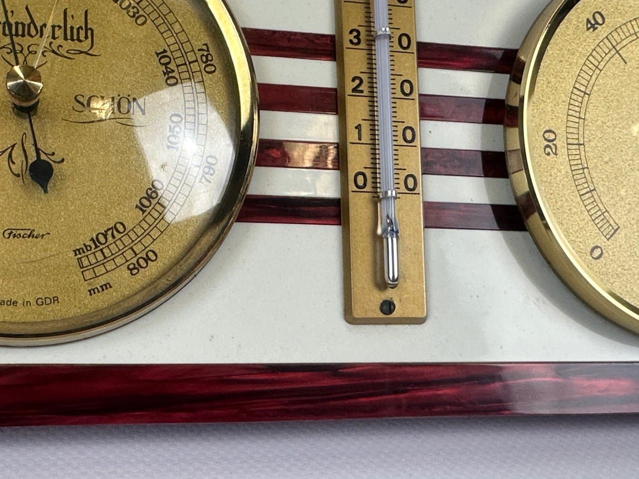 Stacja pogodowa, bordowy, mosiądz, plastik, drewno, Niemcy, lata 80. - 151614