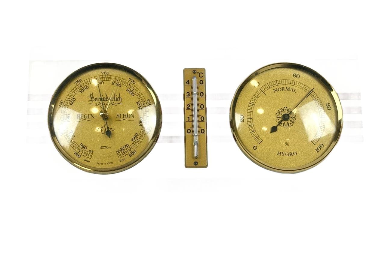 Stacja pogodowa, bordowy, mosiądz, plastik, drewno, Niemcy, lata 80. - 148447