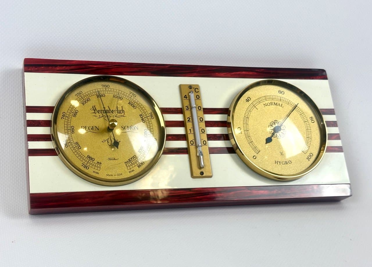 Stacja pogodowa, bordowy, mosiądz, plastik, drewno, Niemcy, lata 80. - 151613