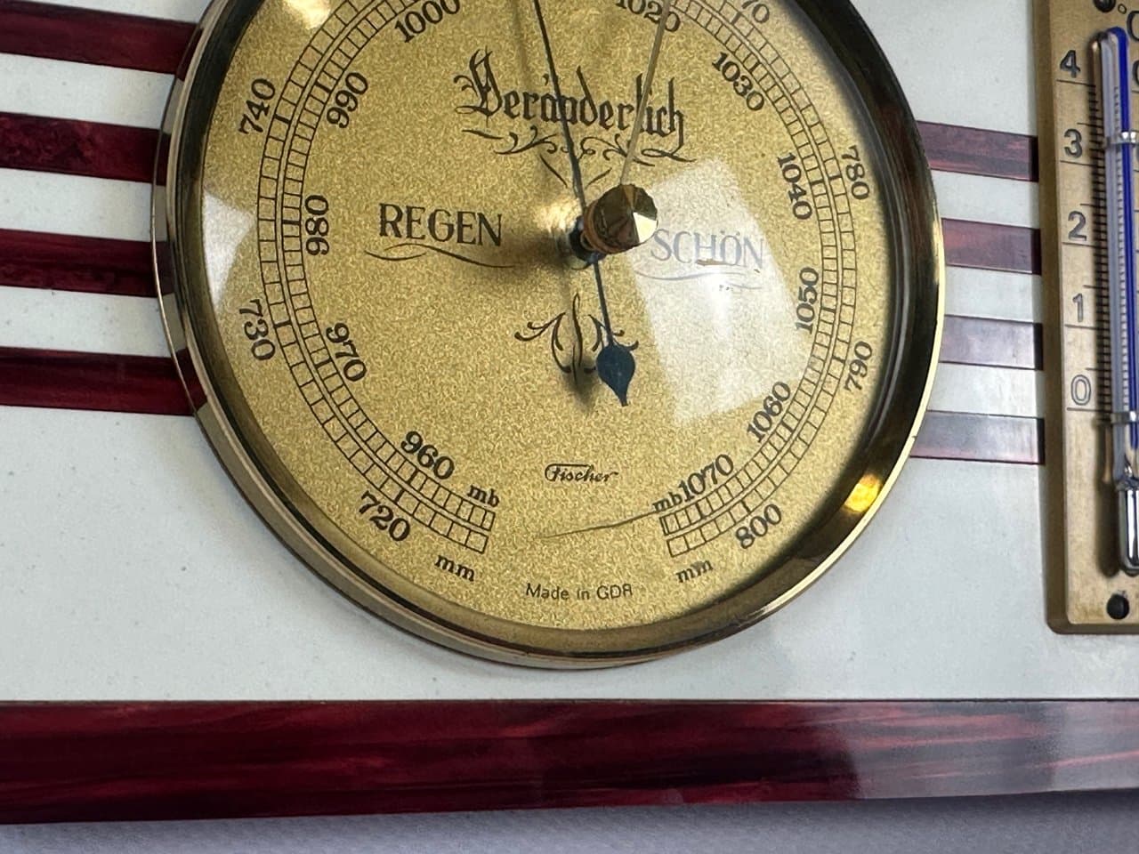 Stacja pogodowa, bordowy, mosiądz, plastik, drewno, Niemcy, lata 80. - 151616