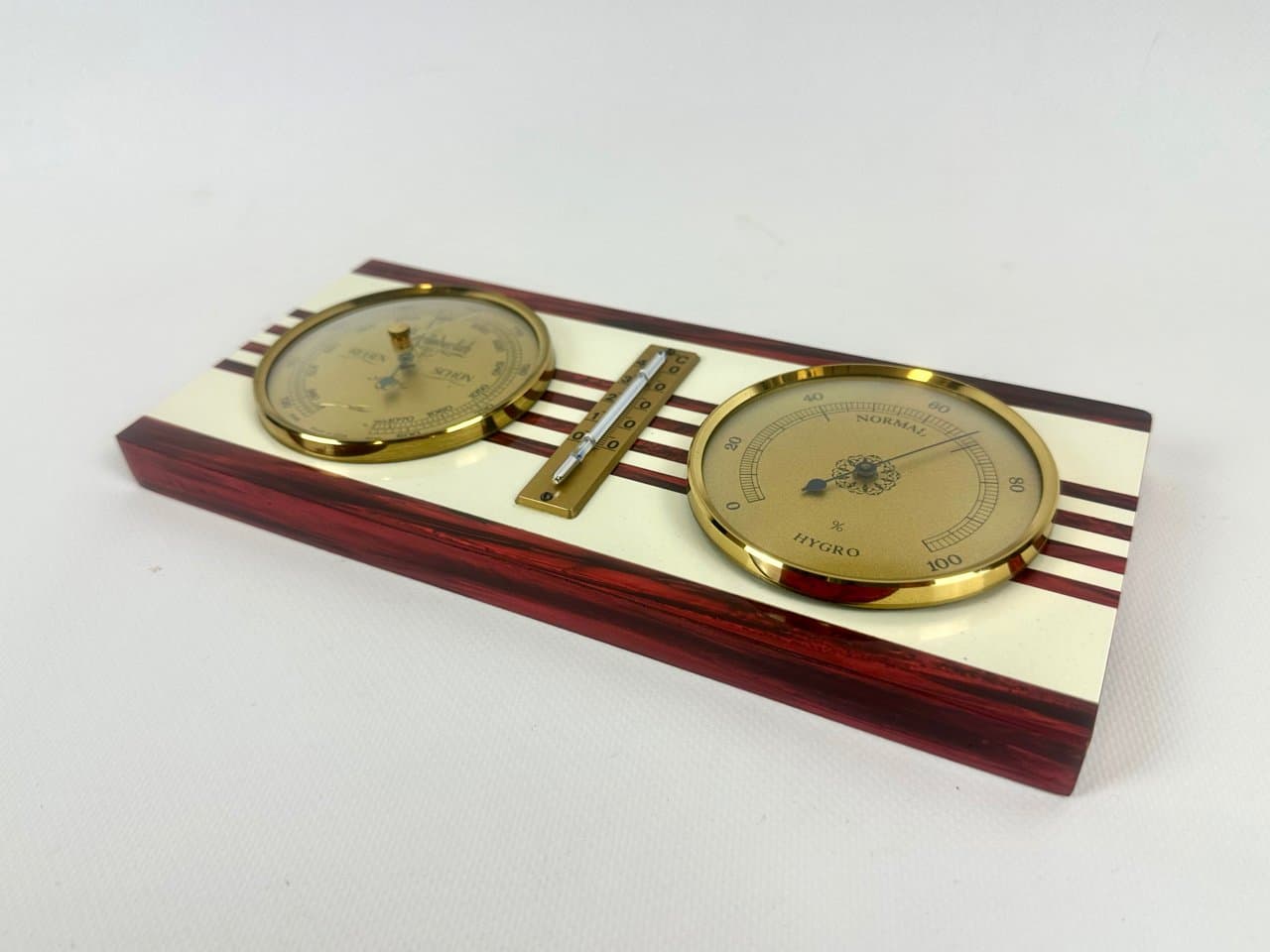 Stacja pogodowa, bordowy, mosiądz, plastik, drewno, Niemcy, lata 80. - 151618