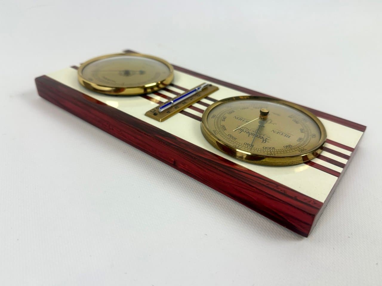 Stacja pogodowa, bordowy, mosiądz, plastik, drewno, Niemcy, lata 80. - 151617