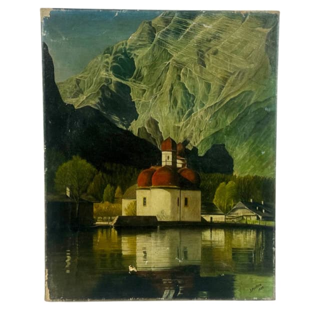 Painting St. Bartholomä by the Königssee Lake, multicolored, oil on canvas, by J. Peeters, Germany, 1950s. - DIMENSION