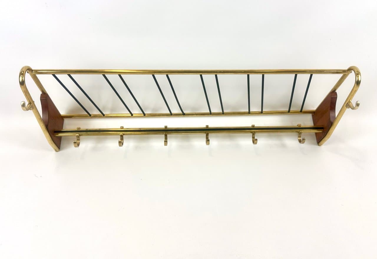 Wieszak stojący, teak ciemnobrązowy, mosiądz złoty, stal czarna, Niemcy, lata 50. - 151956