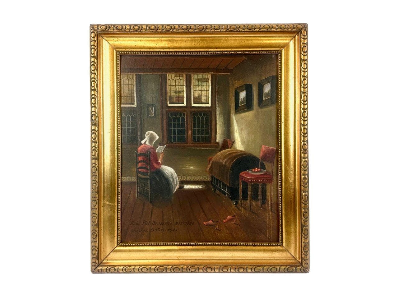 Obraz Czytająca kobieta, multikolor, olej na płótnie, aut. J. Baüm, Niemcy, lata 40. - 148496