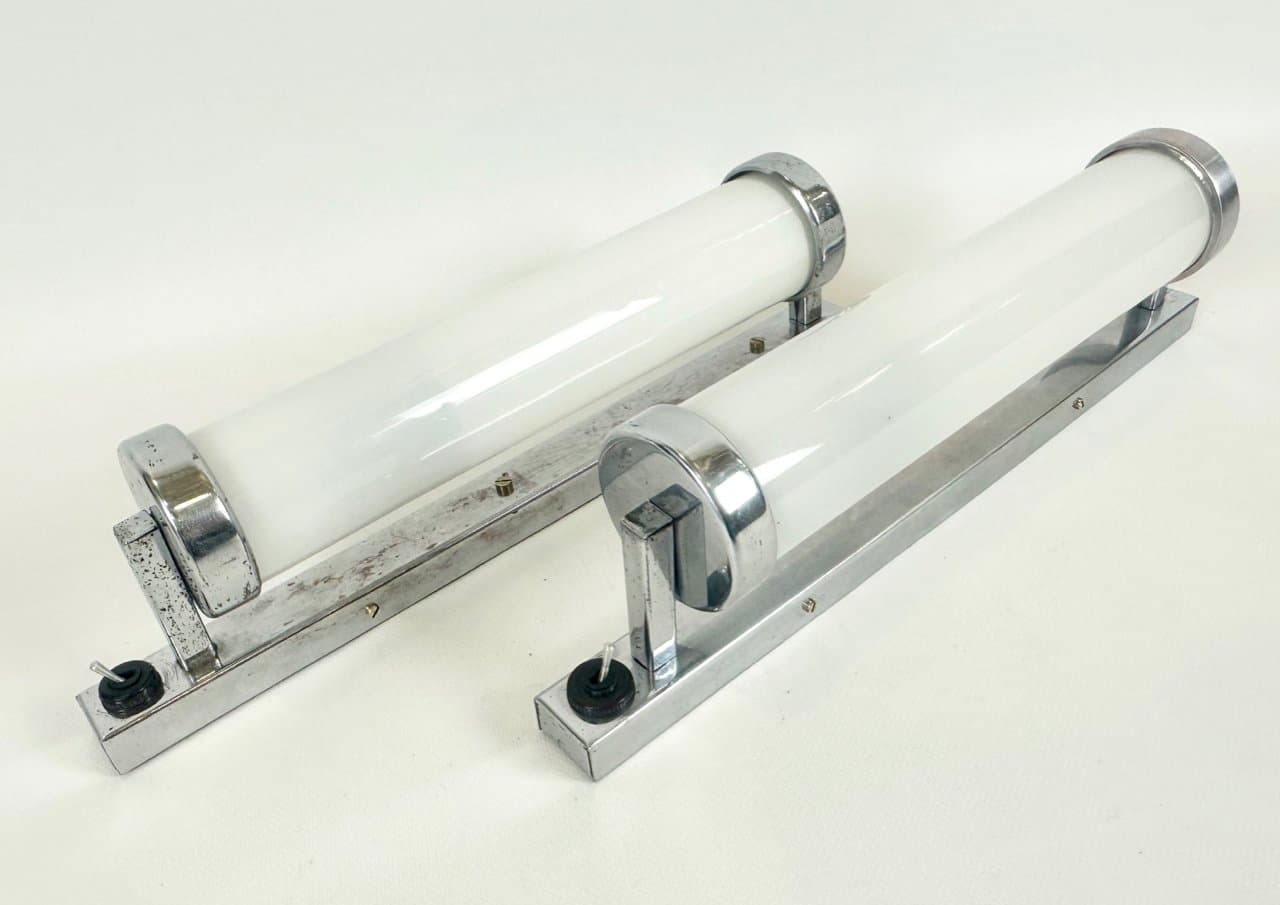 Para kinkietów Bauhaus, srebrny, mosiądz chromowany, szkło, Czechy, lata 30. - 152267