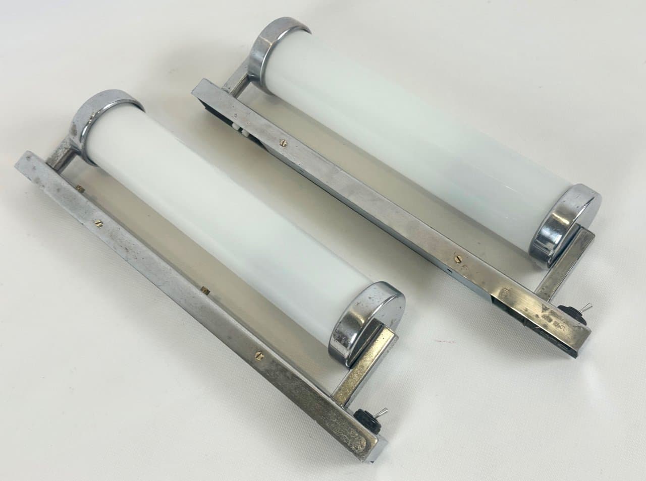 Para kinkietów Bauhaus, srebrny, mosiądz chromowany, szkło, Czechy, lata 30. - 152264