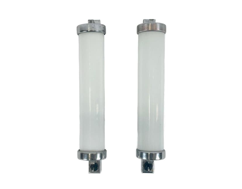 Para kinkietów Bauhaus, srebrny, mosiądz chromowany, szkło, Czechy, lata 30.