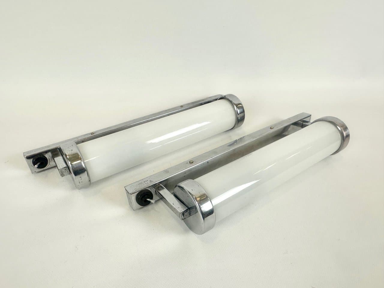 Para kinkietów Bauhaus, srebrny, mosiądz chromowany, szkło, Czechy, lata 30. - 152268