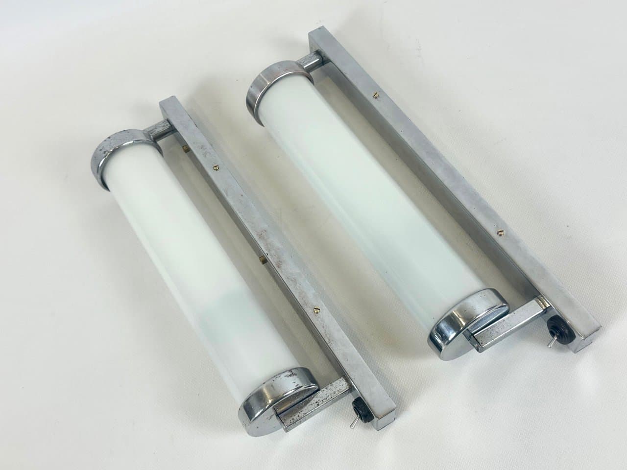 Para kinkietów Bauhaus, srebrny, mosiądz chromowany, szkło, Czechy, lata 30. - 152265